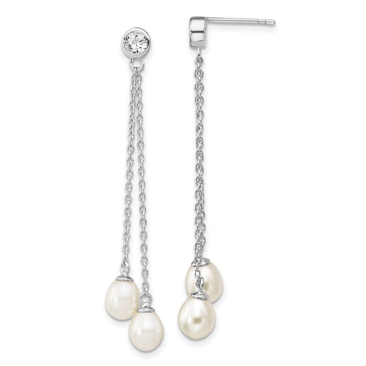 QE13853 Sterling Silver Rhodium-plated 6-7mm White Rice Freshwater Cultured Pearl and CZ Post Dangle Earrings