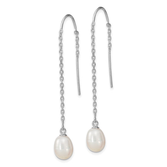 QE13854 Sterling Silver Rhodium-plated 7-8mm White Teardrop Freshwater Cultured Pearl Threader Earrings