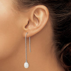 QE13854 Sterling Silver Rhodium-plated 7-8mm White Teardrop Freshwater Cultured Pearl Threader Earrings