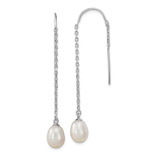 QE13854 Sterling Silver Rhodium-plated 7-8mm White Teardrop Freshwater Cultured Pearl Threader Earrings