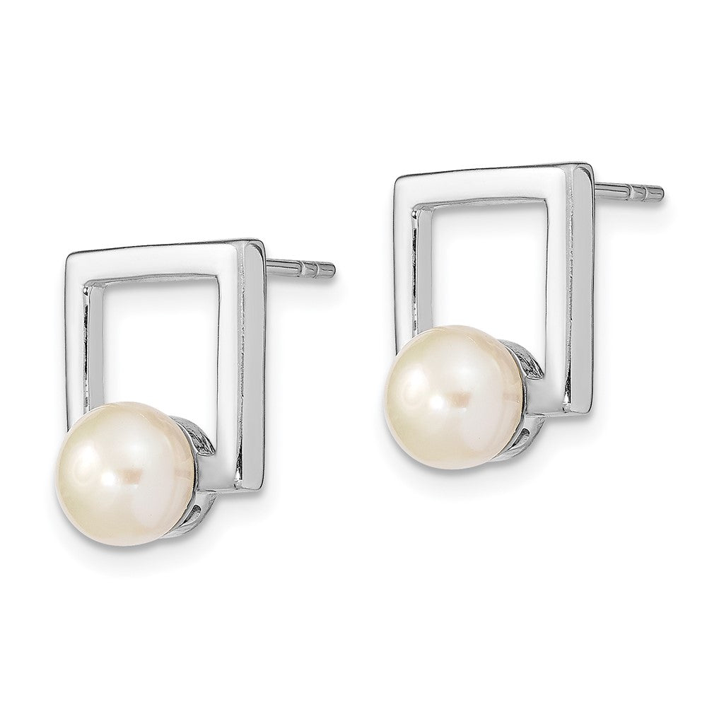 QE13856 Sterling Silver Rhodium-plated 6-7mm White Button Freshwater Cultured Pearl Square Post Earrings