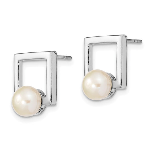 QE13856 Sterling Silver Rhodium-plated 6-7mm White Button Freshwater Cultured Pearl Square Post Earrings
