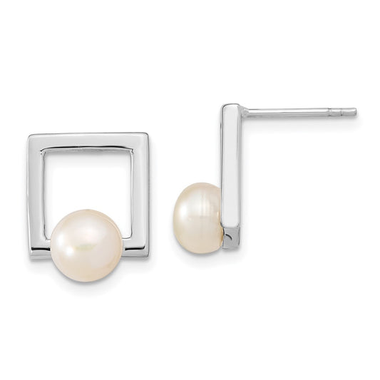 QE13856 Sterling Silver Rhodium-plated 6-7mm White Button Freshwater Cultured Pearl Square Post Earrings