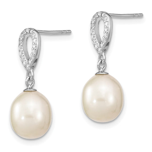 QE13857 Sterling Silver Rhodium-plated 8-9mm White Rice Freshwater Cultured Pearl and CZ Post Dangle Earrings