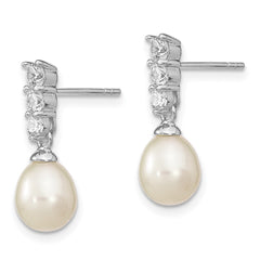 QE13859 Sterling Silver Rhodium-plated 7-8mm White Rice Freshwater Cultured Pearl and CZ Post Dangle Earrings