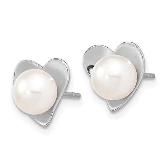 QE13865 Sterling Silver Rhodium-plated 7-8mm White Button Freshwater Cultured Pearl Heart Post Earrings