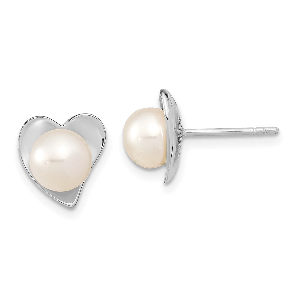 QE13865 Sterling Silver Rhodium-plated 7-8mm White Button Freshwater Cultured Pearl Heart Post Earrings