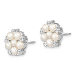 QE13869 Sterling Silver Rhodium-plated 3-5mm White Button Freshwater Cultured Pearl and CZ Flower Post Earrings