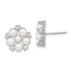 QE13869 Sterling Silver Rhodium-plated 3-5mm White Button Freshwater Cultured Pearl and CZ Flower Post Earrings