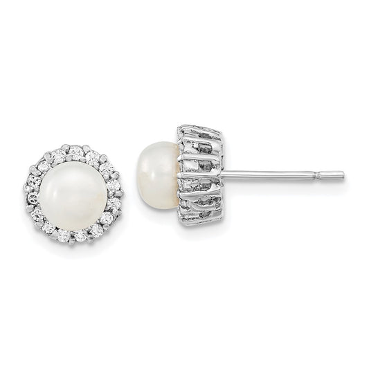 QE13870 Sterling Silver Rhodium-plated CZ  Synthetic Pearl Post Earrings