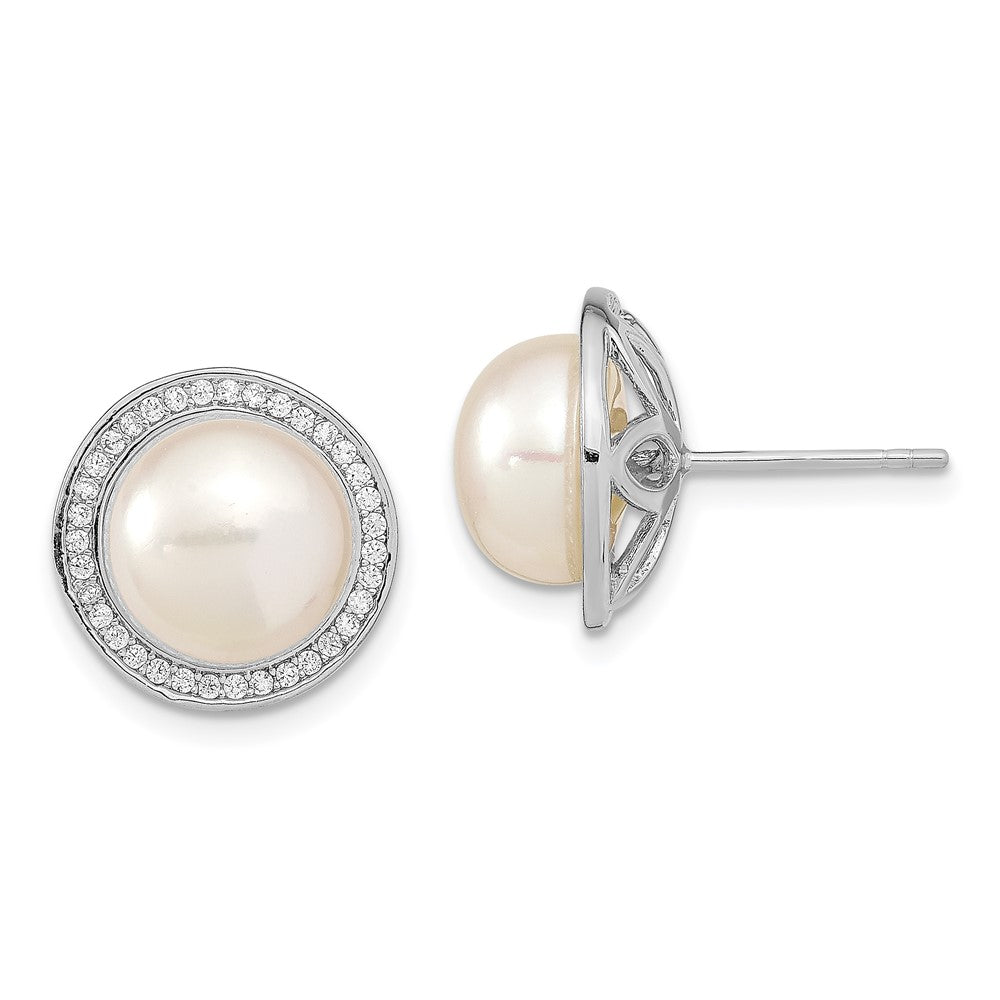 QE13871 Sterling Silver Rhodium-plated 10-11mm White Button Freshwater Cultured Pearl and CZ Post Earrings