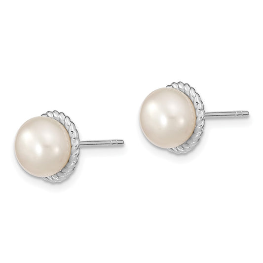 QE13872 Sterling Silver Rhodium-plated 8-9mm White Button Freshwater Cultured Pearl Post Earrings