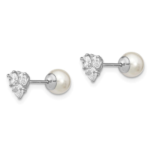 QE13875 Sterling Silver Rhodium-plated Polished White 5-6mm Imitation Shell Pearl & CZ Reversible Post Earrings
