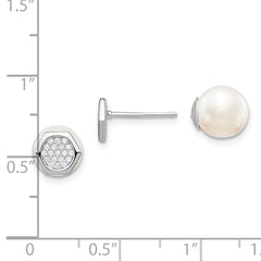QE13876 Sterling Silver Rhodium-plated Polished White 8-9mm Imititation Shell Pearl & CZ Hexagon Reversible Post Earrings