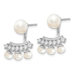 QE13882 Sterling Silver Rhodium-plated 5-8mm White Button Freshwater Cultured Pearl and CZ Post Earrings with Earring Jackets