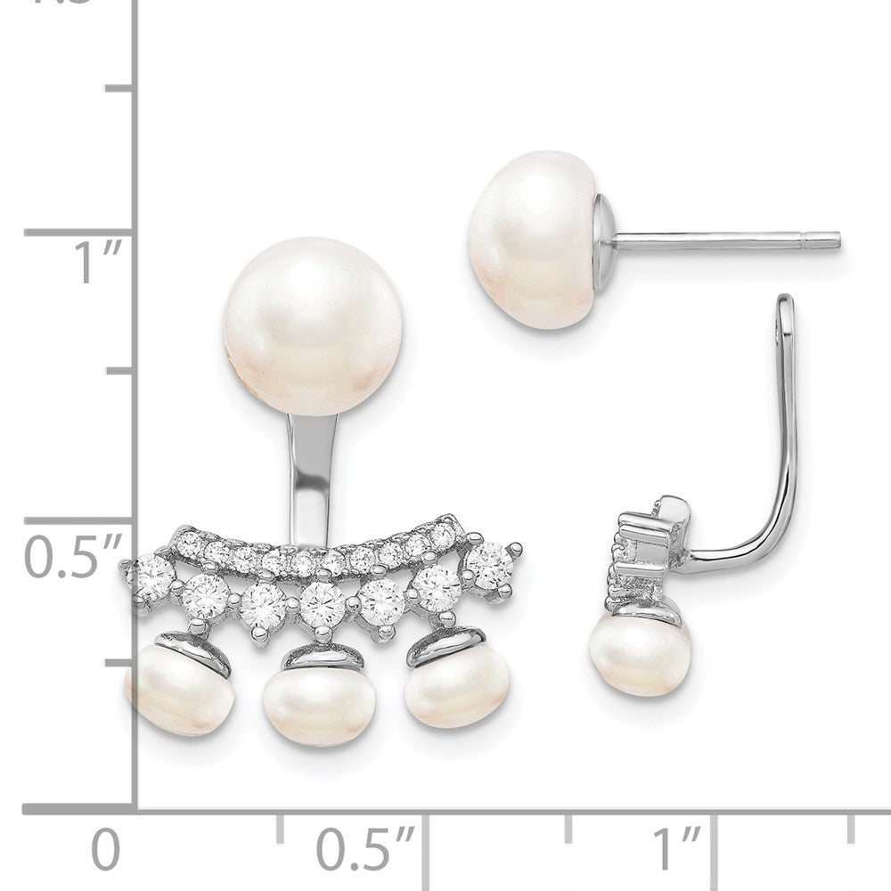 QE13882 Sterling Silver Rhodium-plated 5-8mm White Button Freshwater Cultured Pearl and CZ Post Earrings with Earring Jackets