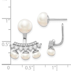 QE13882 Sterling Silver Rhodium-plated 5-8mm White Button Freshwater Cultured Pearl and CZ Post Earrings with Earring Jackets
