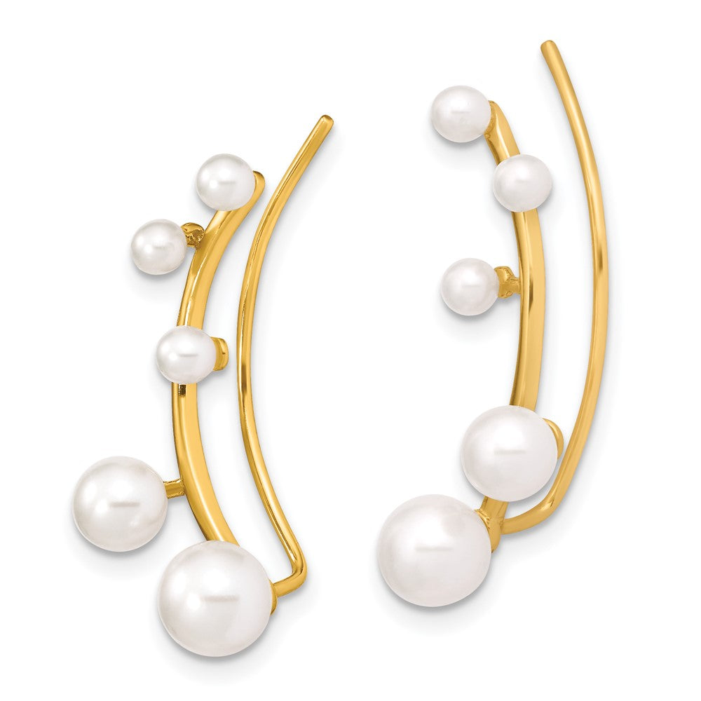 QE13884 Sterling Silver Gold-tone Flash Gold-plated 3-6mm White Round Freshwater Cultured Pearl Ear Climber Earrings