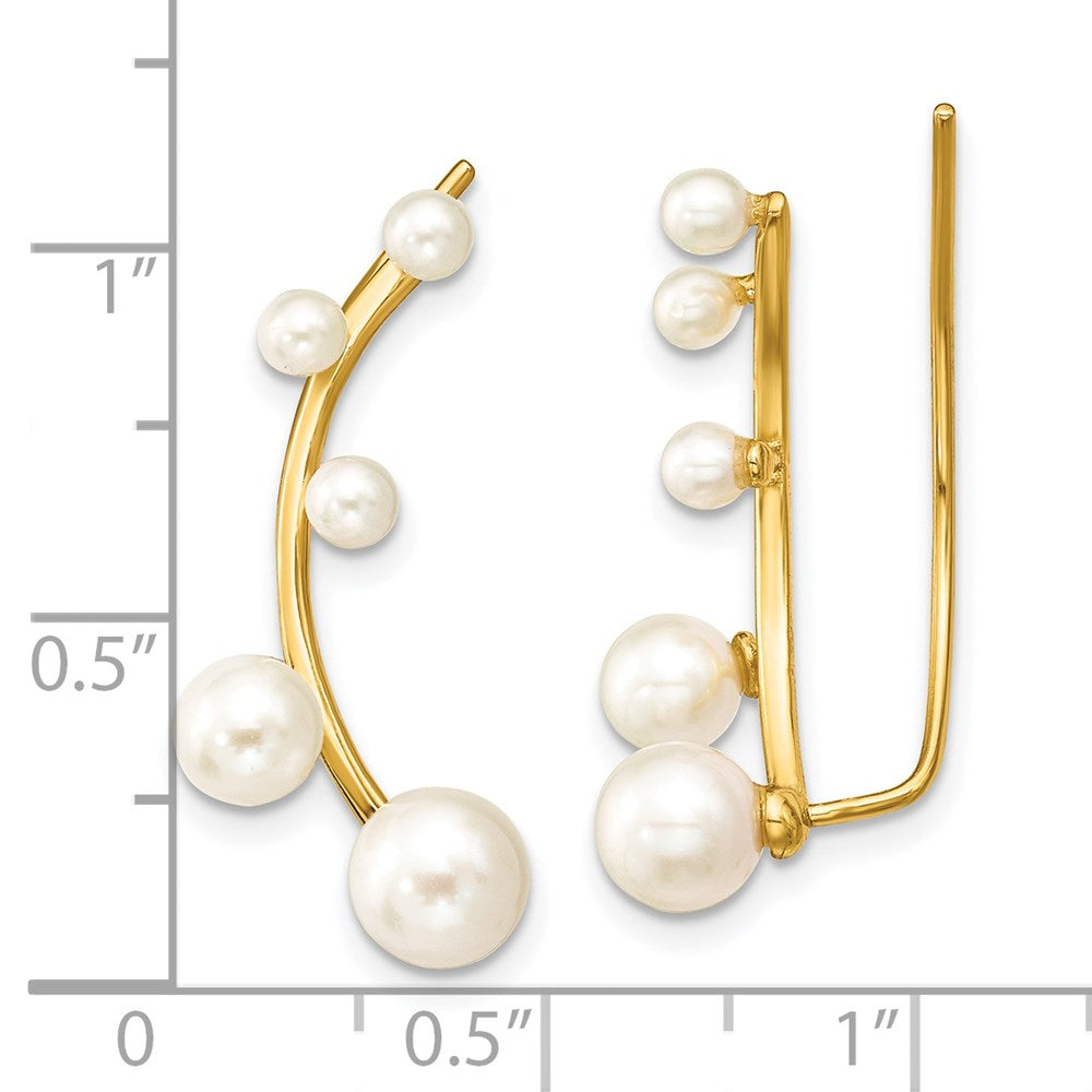 QE13884 Sterling Silver Gold-tone Flash Gold-plated 3-6mm White Round Freshwater Cultured Pearl Ear Climber Earrings