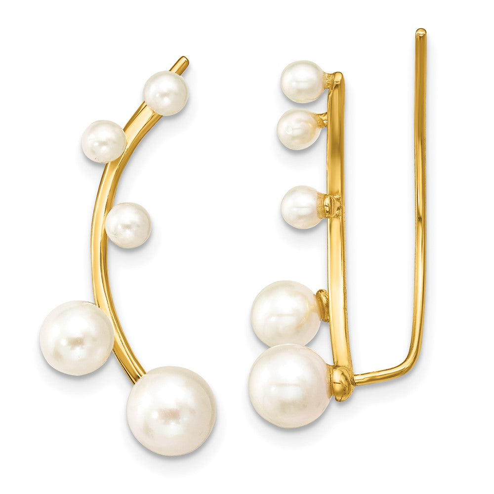 QE13884 Sterling Silver Gold-tone Flash Gold-plated 3-6mm White Round Freshwater Cultured Pearl Ear Climber Earrings