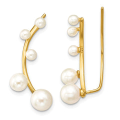 QE13884 Sterling Silver Gold-tone Flash Gold-plated 3-6mm White Round Freshwater Cultured Pearl Ear Climber Earrings