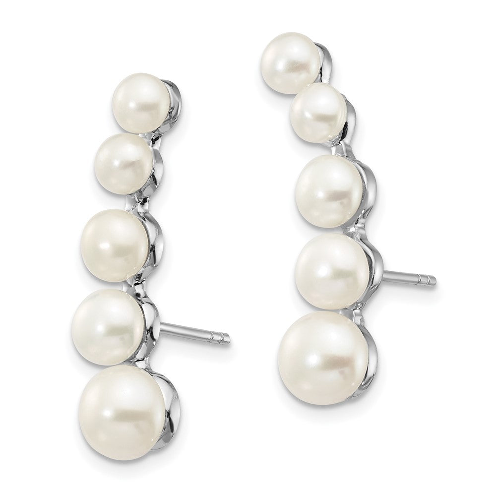 QE13885 Sterling Silver Rhodium-plated 4-6mm White Freshwater Cultured Pearl Post Ear Climber Earrings