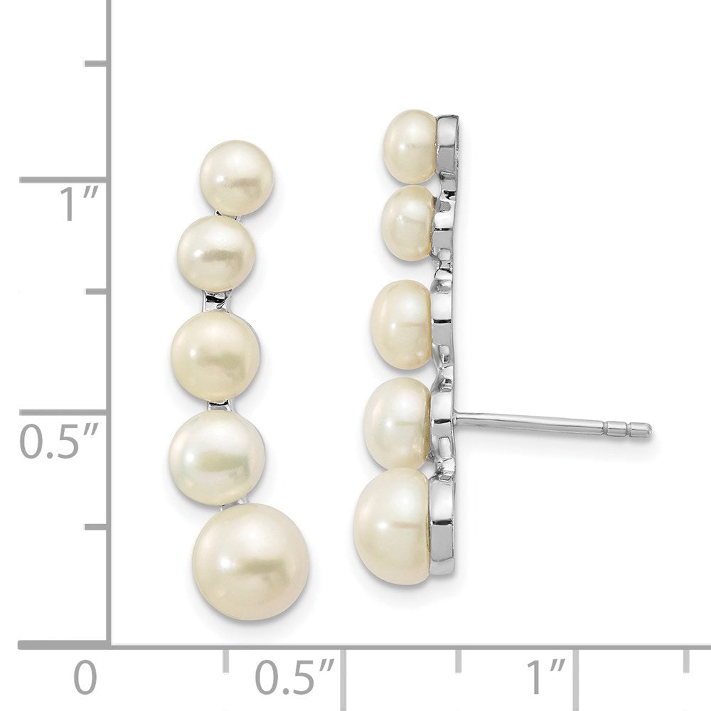 QE13885 Sterling Silver Rhodium-plated 4-6mm White Freshwater Cultured Pearl Post Ear Climber Earrings