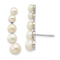 QE13885 Sterling Silver Rhodium-plated 4-6mm White Freshwater Cultured Pearl Post Ear Climber Earrings