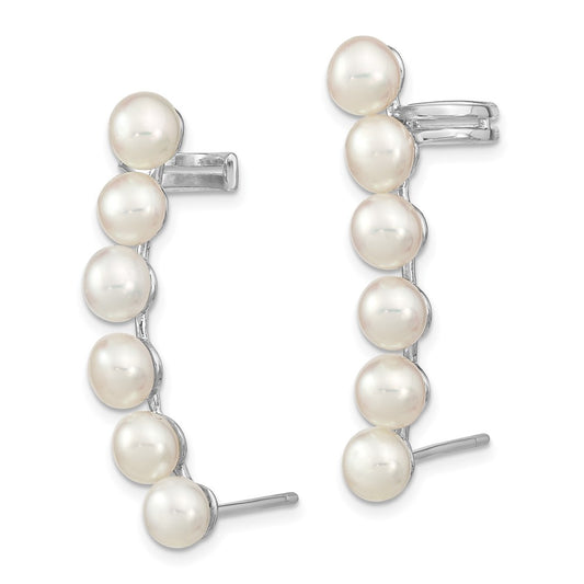 QE13886 Sterling Silver Rhodium-plated 5-6mm White Button Freshwater Cultured Pearl Post Ear Climber and Cuff Earrings