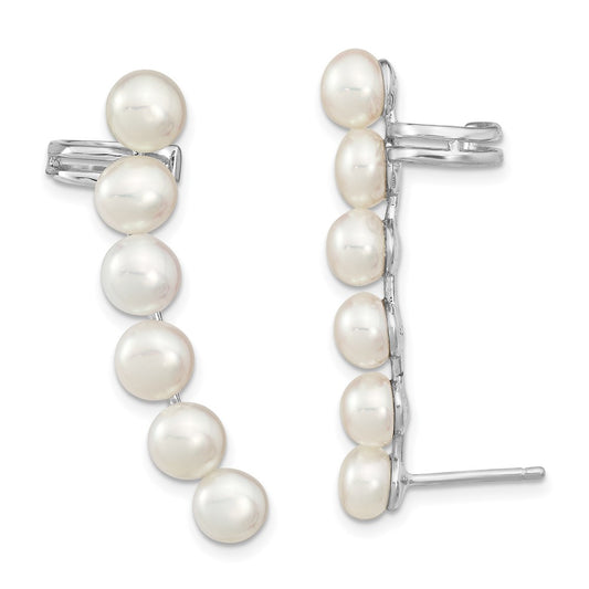QE13886 Sterling Silver Rhodium-plated 5-6mm White Button Freshwater Cultured Pearl Post Ear Climber and Cuff Earrings