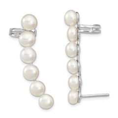 QE13886 Sterling Silver Rhodium-plated 5-6mm White Button Freshwater Cultured Pearl Post Ear Climber and Cuff Earrings