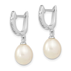 QE13892 Sterling Silver Rhodium-plated 8-9mm White Rice Freshwater Cultured Pearl and CZ Dangle Hoop Earrings