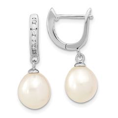 QE13892 Sterling Silver Rhodium-plated 8-9mm White Rice Freshwater Cultured Pearl and CZ Dangle Hoop Earrings