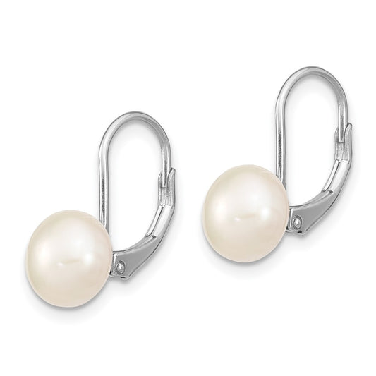 QE13896 Sterling Silver Rhodium-plated 8-9mm White Button Freshwater Cultured Pearl Leverback Earrings
