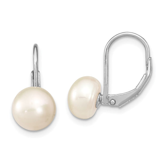 QE13896 Sterling Silver Rhodium-plated 8-9mm White Button Freshwater Cultured Pearl Leverback Earrings