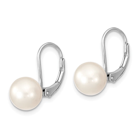 QE13897 Sterling Silver Rhodium-plated 8-9mm White Round Freshwater Cultured Pearl Leverback Earrings