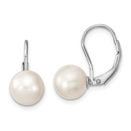 QE13897 Sterling Silver Rhodium-plated 8-9mm White Round Freshwater Cultured Pearl Leverback Earrings