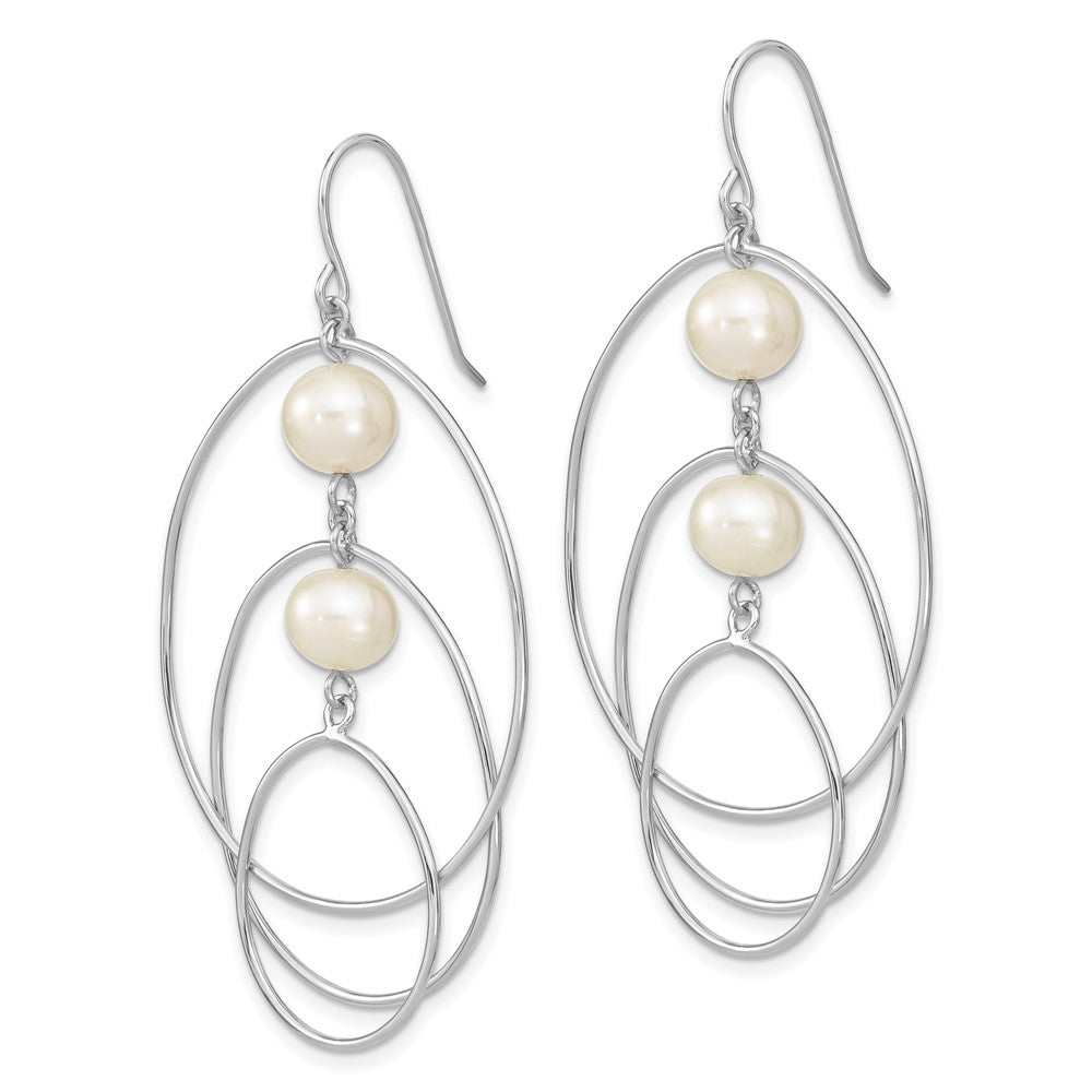 QE13903 Sterling Silver Rhodium-plated 8-9mm White Semi-Round Freshwater Cultured Pearl Circles Dangle Earrings