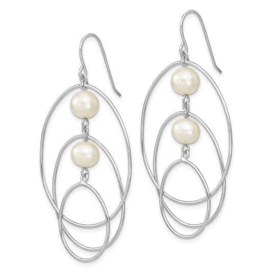 QE13903 Sterling Silver Rhodium-plated 8-9mm White Semi-Round Freshwater Cultured Pearl Circles Dangle Earrings
