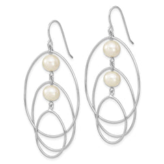 QE13903 Sterling Silver Rhodium-plated 8-9mm White Semi-Round Freshwater Cultured Pearl Circles Dangle Earrings