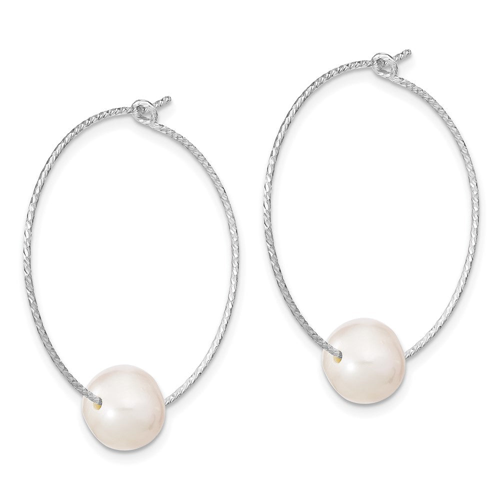 QE13908 Sterling Silver Rhodium-plated 8-9mm White Semi-Round Freshwater Cultured Pearl Hoop Earrings
