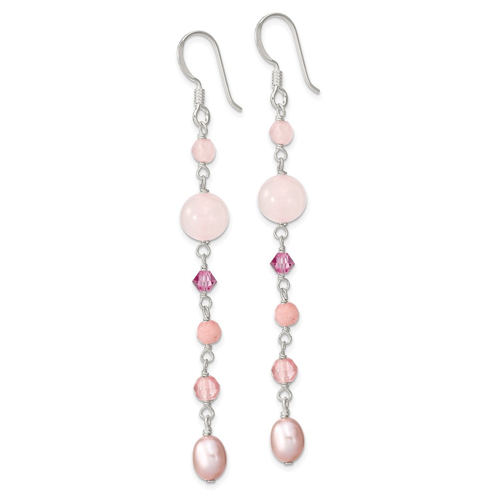 QE13911 Sterling Silver Polished Pink FWC Pearl, Pink Jade, Rosaline, Cherry & Rose Quartz Dangle Earrings