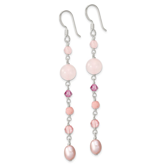 QE13911 Sterling Silver Polished Pink FWC Pearl, Pink Jade, Rosaline, Cherry & Rose Quartz Dangle Earrings