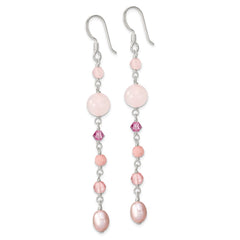 QE13911 Sterling Silver Polished Pink FWC Pearl, Pink Jade, Rosaline, Cherry & Rose Quartz Dangle Earrings