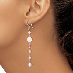 QE13911 Sterling Silver Polished Pink FWC Pearl, Pink Jade, Rosaline, Cherry & Rose Quartz Dangle Earrings