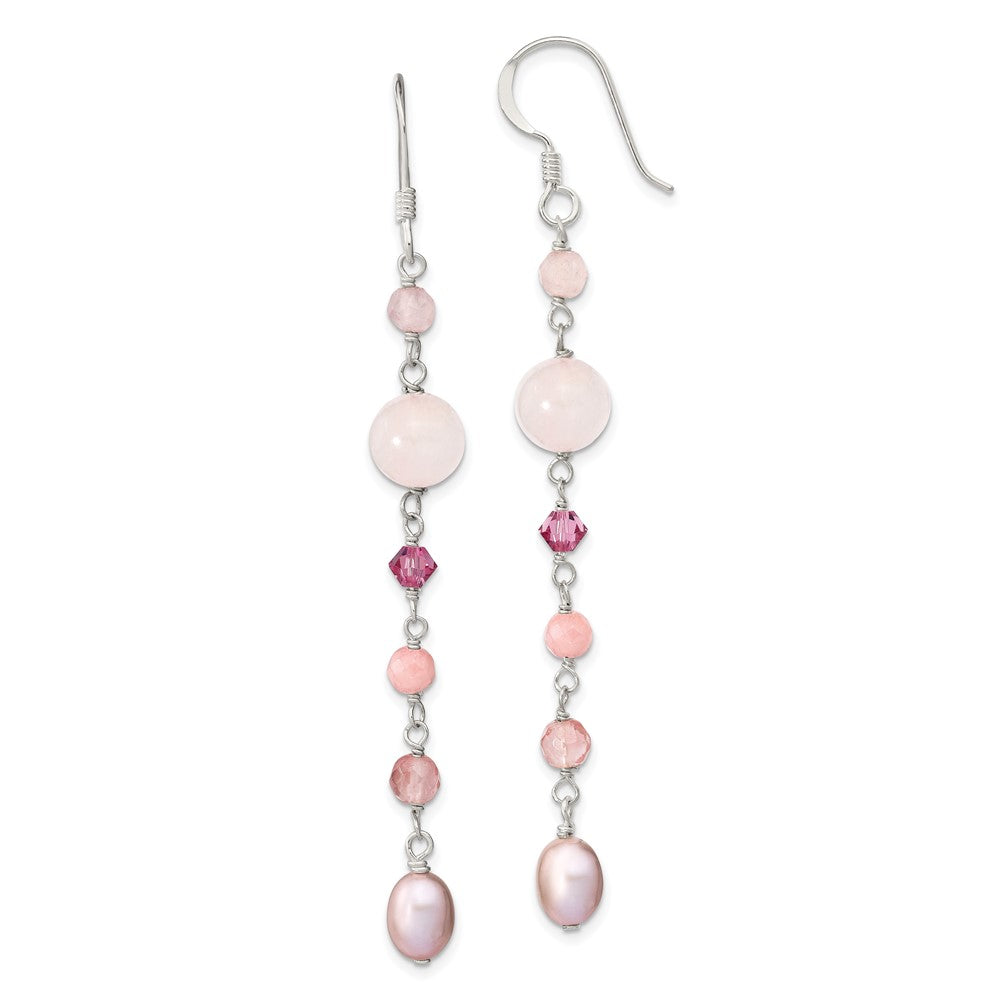 QE13911 Sterling Silver Polished Pink FWC Pearl, Pink Jade, Rosaline, Cherry & Rose Quartz Dangle Earrings