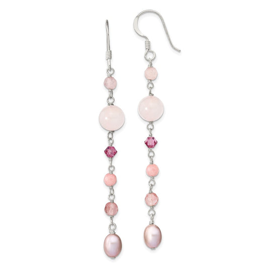 QE13911 Sterling Silver Polished Pink FWC Pearl, Pink Jade, Rosaline, Cherry & Rose Quartz Dangle Earrings