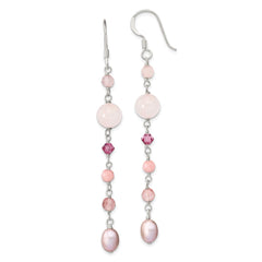 QE13911 Sterling Silver Polished Pink FWC Pearl, Pink Jade, Rosaline, Cherry & Rose Quartz Dangle Earrings