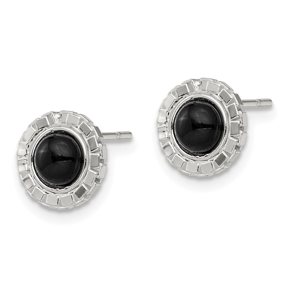 QE13919 Sterling Silver Polished & Textured Black Onyx Post Earrings