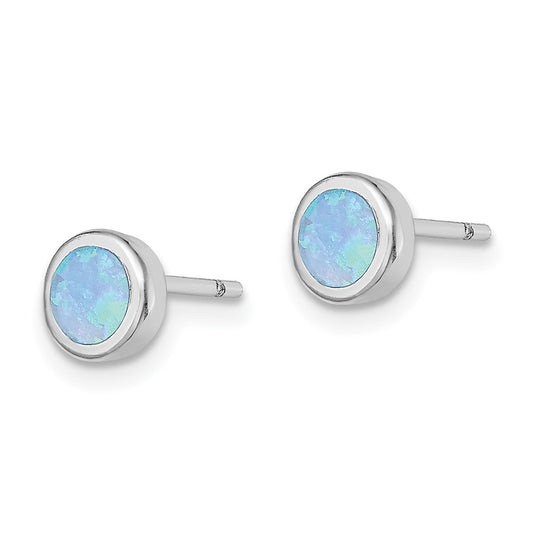 QE13939 Sterling Silver RH-plated Polished Blue Created Opal Round Stud Earrings